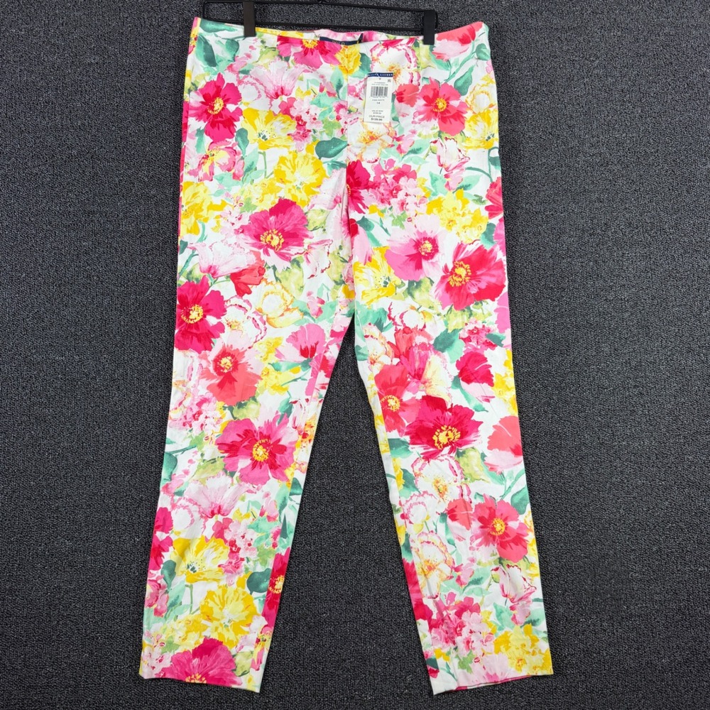 Polo Ralph Lauren Floral Print Slim Leg Dress Pants Women's 14 Pink White NWT